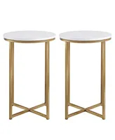 Modern Glam 2-Piece Metal-x Leg Side Table Set - Faux White Marble, Gold