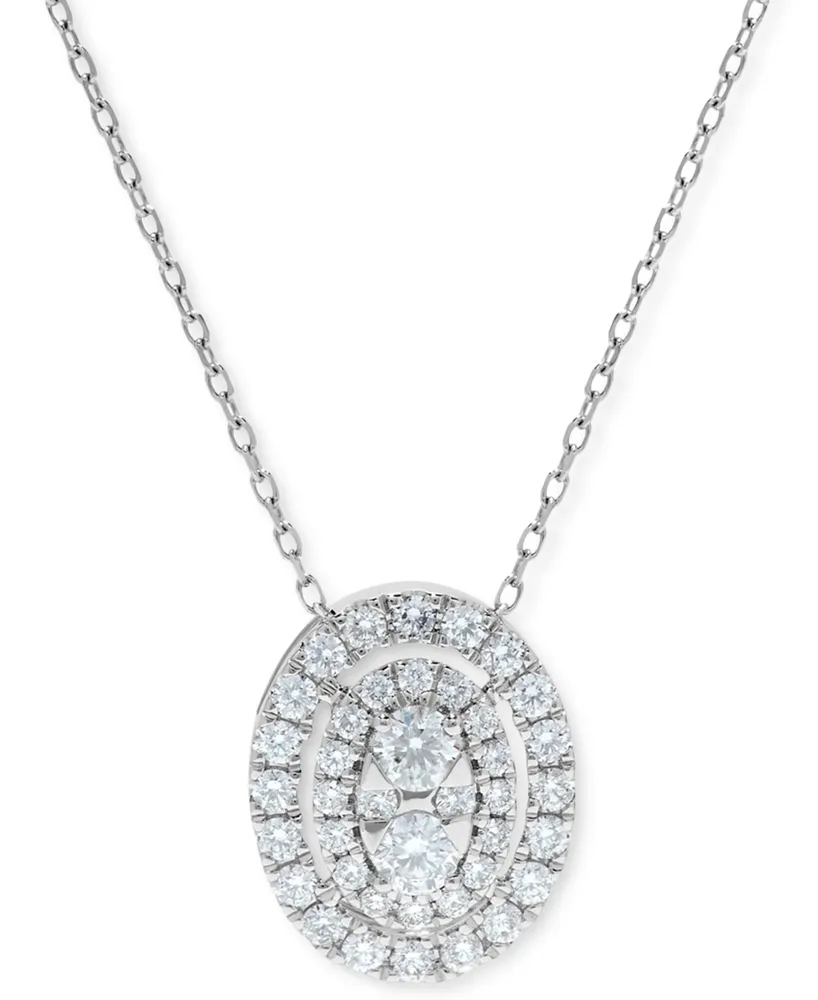 Diamond Oval Halo Cluster Pendant Necklace (5/8 ct. t.w.) in 14k White Gold, 16" + 2" extender