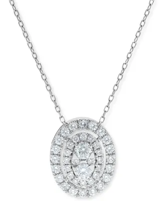 Diamond Oval Halo Cluster Pendant Necklace (5/8 ct. t.w.) in 14k White Gold, 16" + 2" extender
