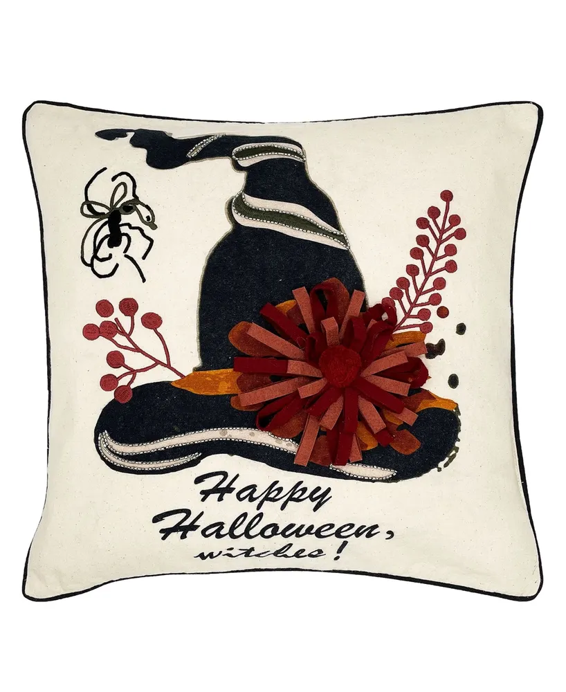 Halloween Witch Hat Printed and Embroidered Pillow, 18" Square