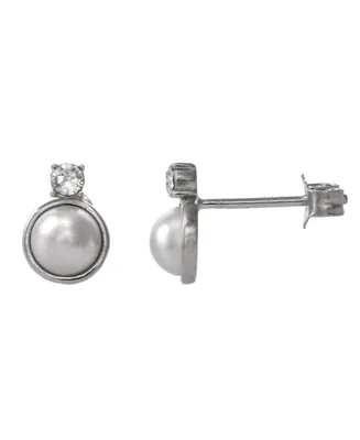 Fao Schwarz Women's Sterling Silver Stud Earrings with Imitation Pearl and Crystal Stone - Silver