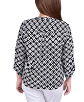 Ny Collection Plus 3/4 Sleeve Roll Tab Y Neck Blouse