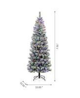 Glitzhome Pre-Lit Flocked Pencil Pine Artificial Christmas Tree with 300 Warm White-Multi-Color Lights, 7.5'