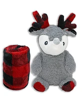 Baby Boys and Girls Check Blanket with Reindeer Plush Toy, 2 Piece Set