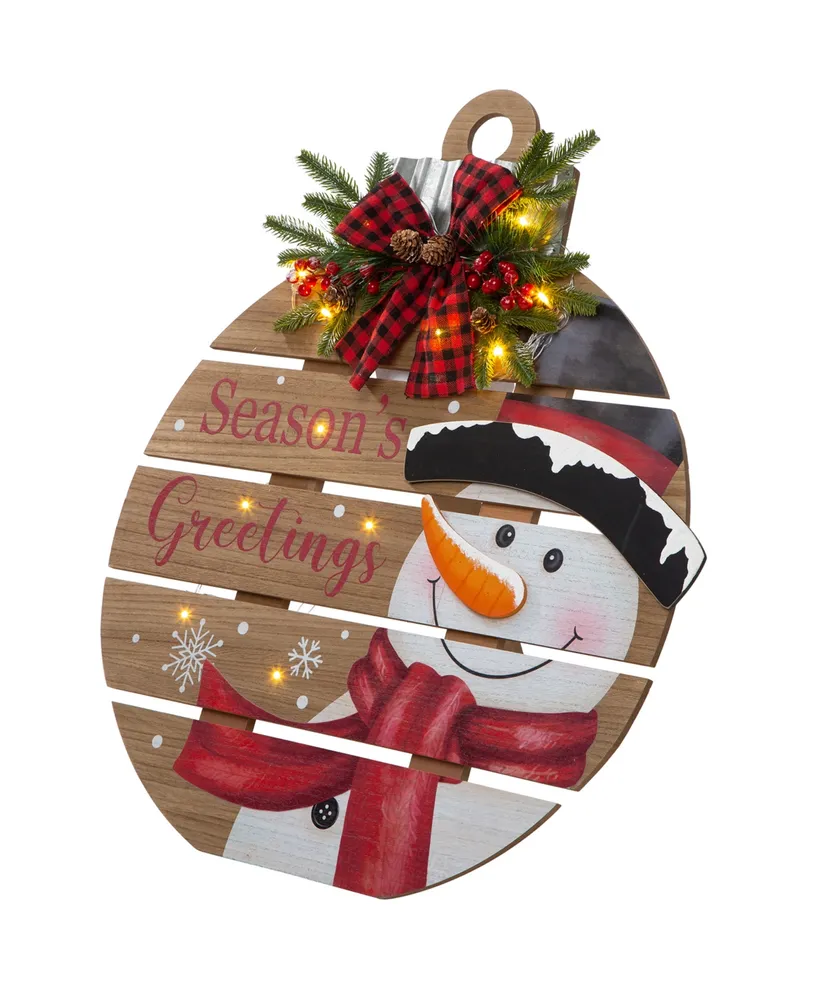 Glitzhome Lighted Round Wooden Snowman Porch Decor, 30"