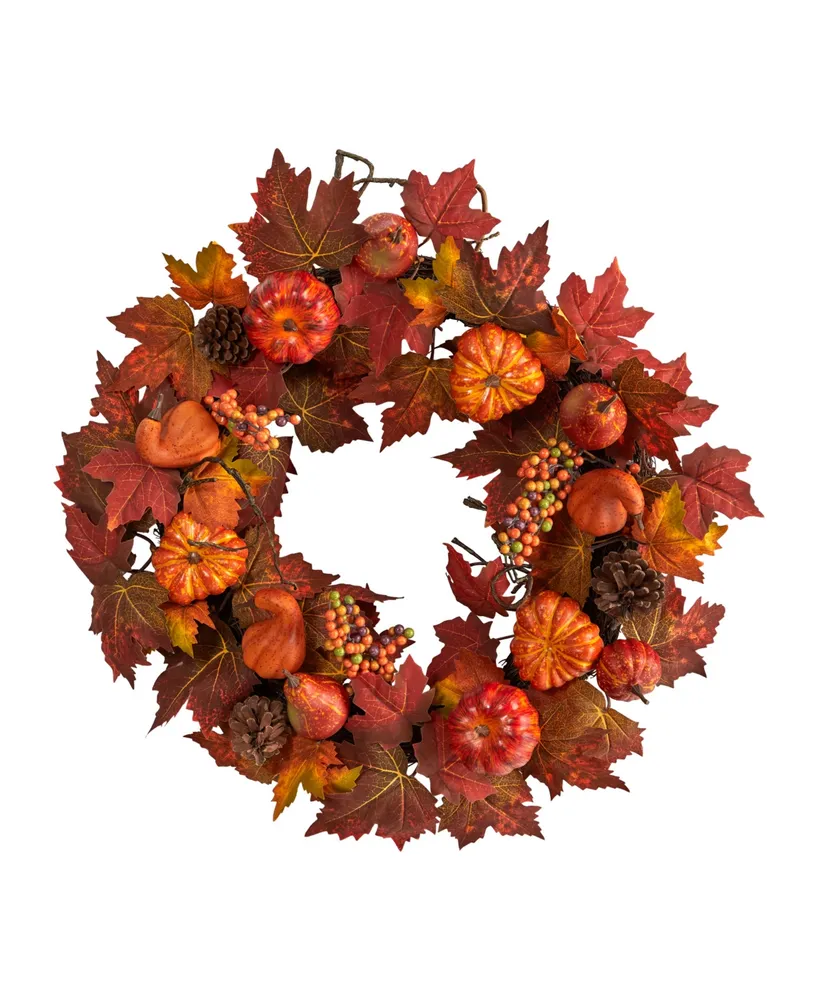 24" Autumn Maple Leaves, Pumpkin, Pinecone and Berries Artificial Fall Wreath