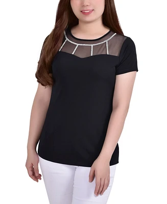 Women's Short Sleeve Crepe Knit Top with Mesh Yoke Stone Details