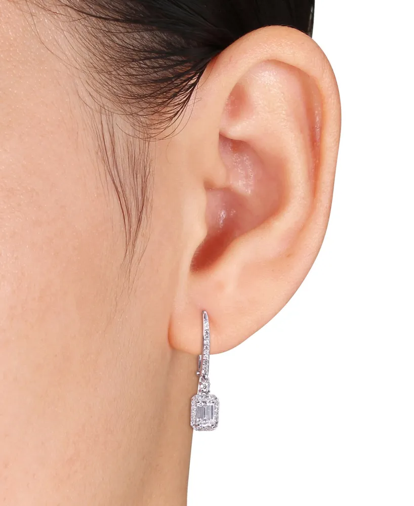 Lab-Created Moissanite (1 ct. t.w.) & Diamond (1/4 ct. t.w.) Emerald-Cut Halo Leverback Drop Earrings in 10k White Gold