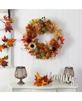 30" Harvest Autumn Sunflower, Maple Leaves and Berries Artificial Fall Wreath with Decorative Bows