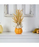21" Autumn Dried Wheat and Pumpkin Artificial Fall Arrangement in Decorative Pumpkin Vase