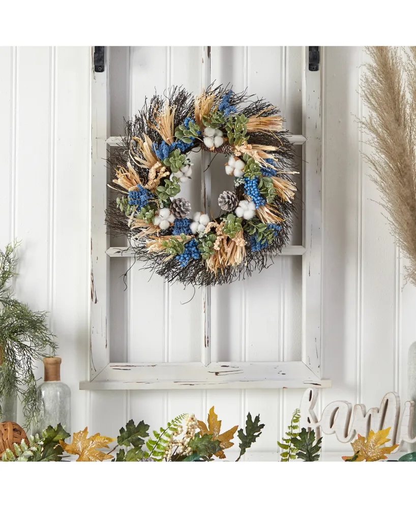 22" Autumn Cotton, Eucalyptus, Berries and Pinecones Artificial Fall Wreath