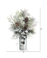 Frosted Greenery and Pinecone with Plaid Bow Artificial Christmas Arrangement in Decorative Tin, 28" - Silver