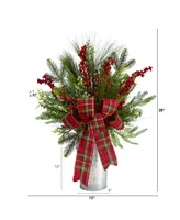 Holiday Winter Greenery, Berries and Plaid Bow Artificial Christmas Arrangement Home Decor, 28"