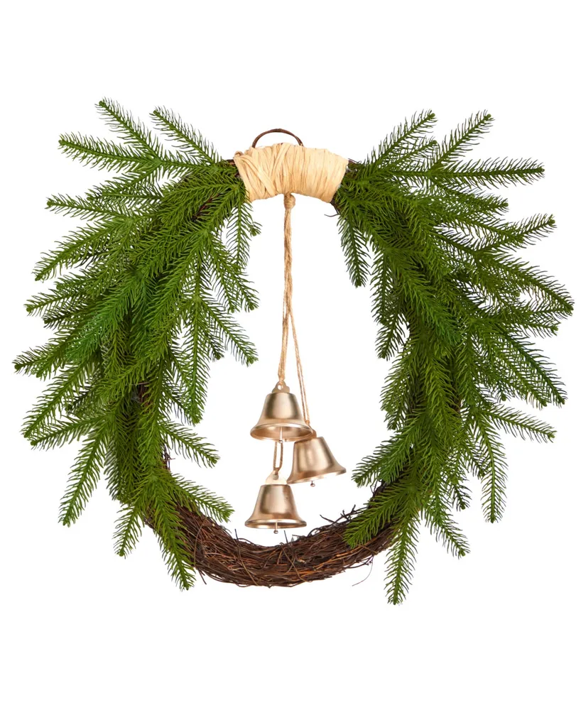 Holiday Christmas Pine and Hanging Bells Wreath, 24"