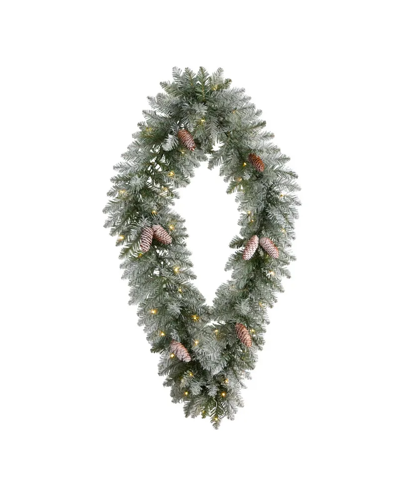 Holiday Christmas Geometric Diamond Frosted Wreath with Pinecones and 50 Warm Led Lights, 3'