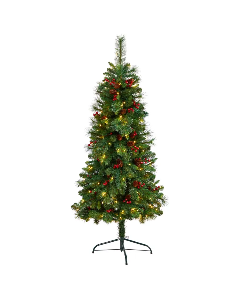 Flat Back Montreal Mountain Pine Artificial Christmas Tree with Pinecones, Berries and Warm Led Lights and Bendable Branches