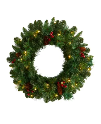 Frosted Pine Artificial Christmas Wreath with Pinecones, Berries and 35 Warm Led Lights, 20"