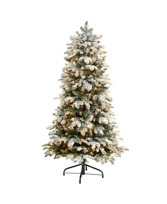 Flocked North Carolina Fir Artificial Christmas Tree with Warm Lights and Bendable Branches