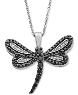 Black Diamond (1/4 ct. t.w.) & White Diamond Accent Dragonfly Pendant Necklace in Sterling Silver, 16" + 2" extender