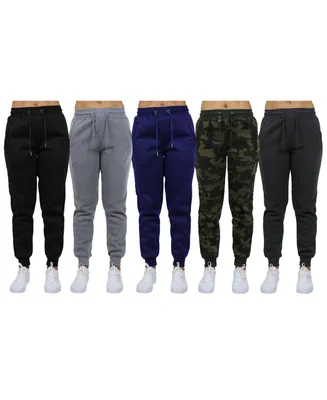 Galaxy By Harvic Women's Loose-Fit Fleece Jogger Sweatpants-5 Pack - Black-Charcoal-Heather Grey-Navy