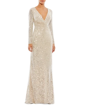 Mac Duggal Women's Ieena Sequined Faux Wrap Long Sleeve Column Gown