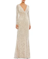 Mac Duggal Women's Ieena Sequined Faux Wrap Long Sleeve Column Gown