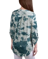 Ny Collection Petite Knit Jacquard 3/4 Sleeve Roll Tab Pintuck Top