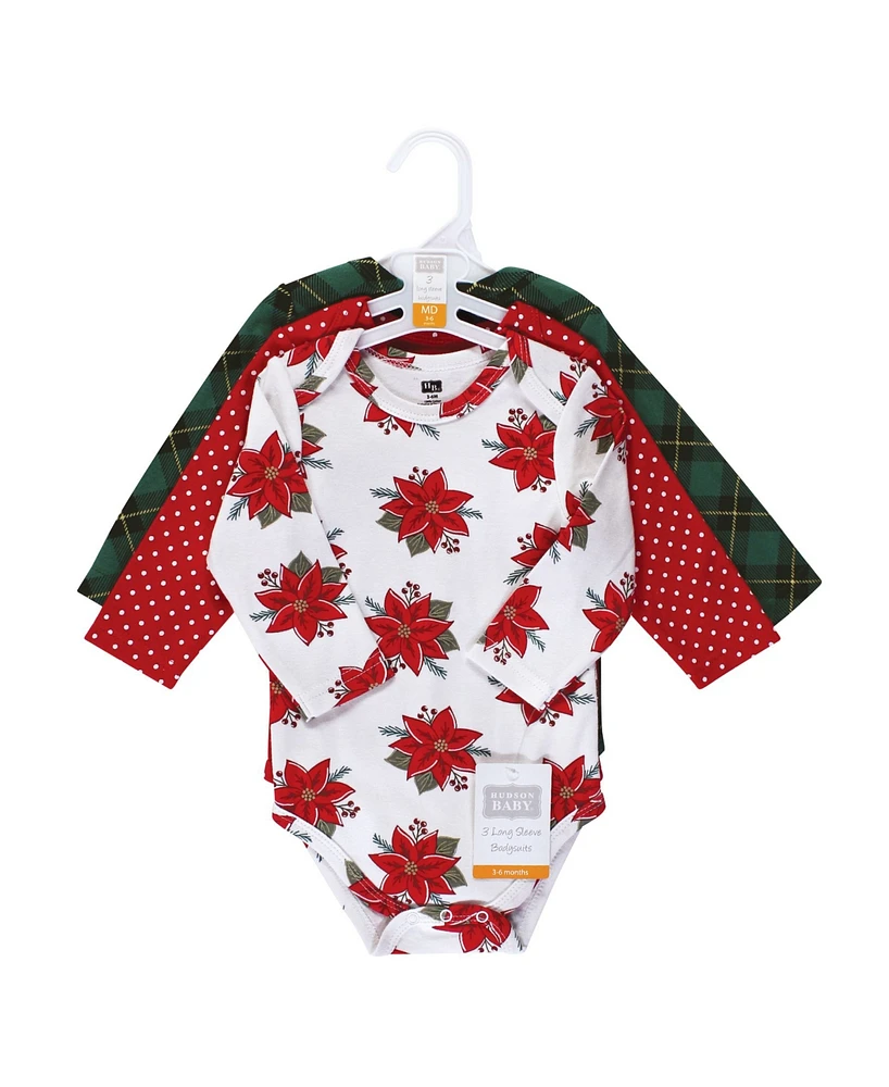 Hudson Baby Baby Girls Cotton Long-Sleeve Bodysuits, Poinsettia, 3-Pack