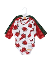 Hudson Baby Baby Girls Cotton Long-Sleeve Bodysuits, Poinsettia, 3-Pack