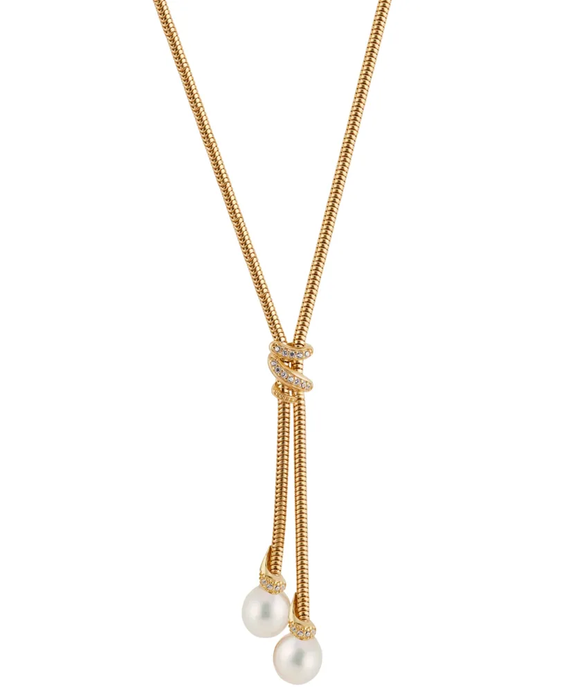 Cultured Freshwater Pearl (8mm) & Cubic Zirconia Lariat Necklace in 14k Gold-Plated Sterling Silver, 17" + 1" extender