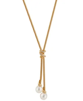 Cultured Freshwater Pearl (8mm) & Cubic Zirconia Lariat Necklace in 14k Gold-Plated Sterling Silver, 17" + 1" extender