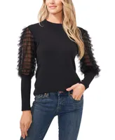 CeCe Women's Sheer Ruffled Balloon Sleeve Crewneck Sweater