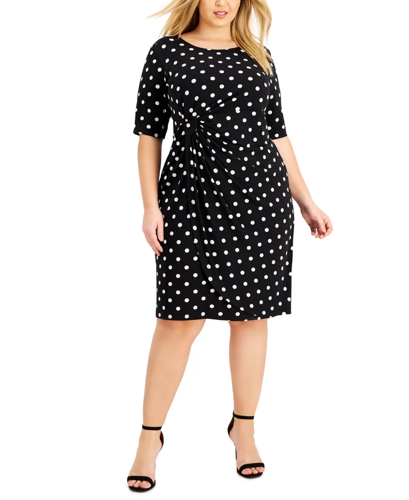 Connected Plus Dot-Print Side-Tab Sheath Dress