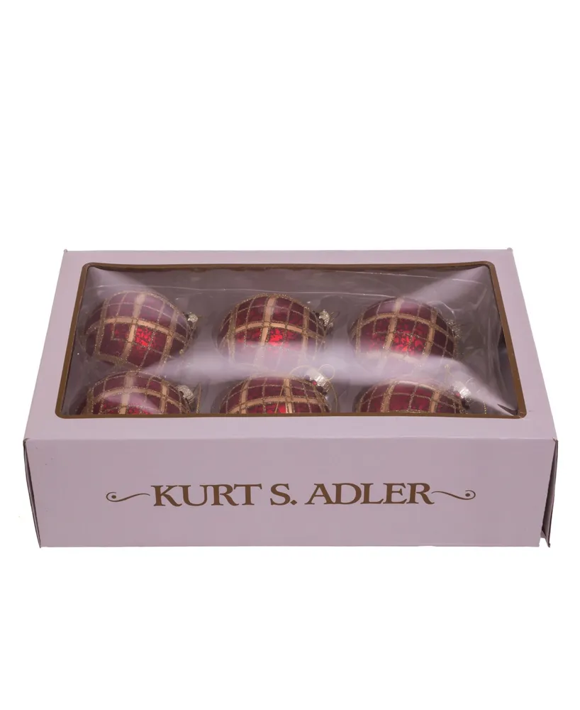 Kurt Adler 80 Mm Plaid Glass Ball Ornaments 6 Piece Set