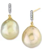 Cultured Golden South Sea Baroque Pearl (11mm) & Diamond Accent Drop Earrings in 10k Gold