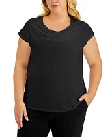 Kasper Plus Stretch Knit Short-Sleeve Cowl-Neck Top