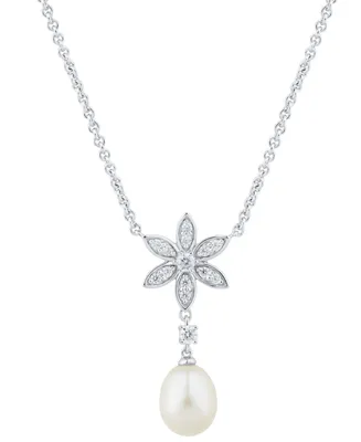 Cultured Freshwater Pearl (8 - 8-1/2mm) & White Topaz (3/8 ct. t.w.) Flower 18" Pendant Necklace in Sterling Silver