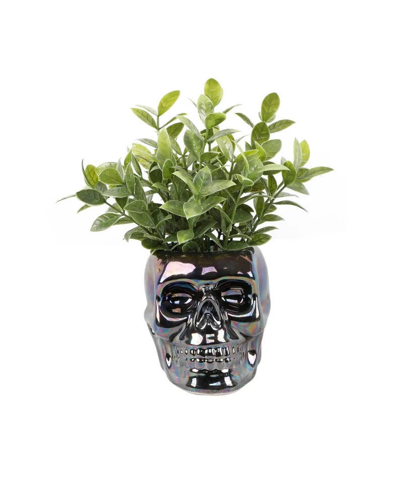 8.5" Artificial Tealeaf in Metallic Skull Ceramic - Metallic Black, Green