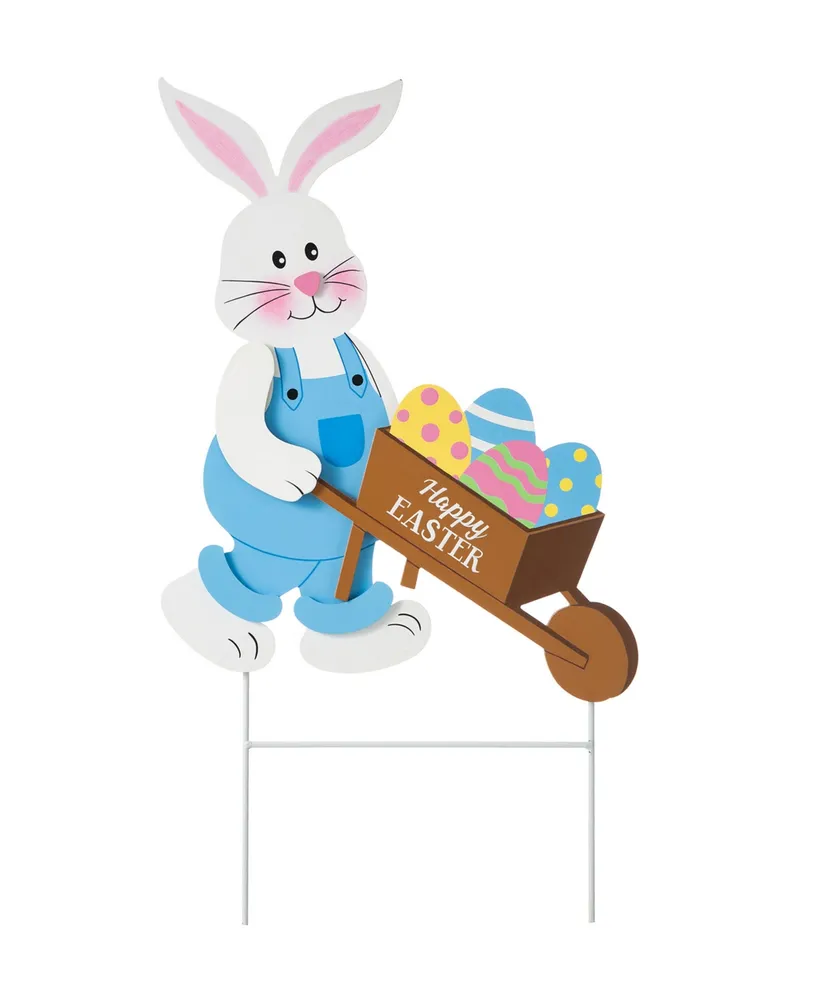 Glitzhome Wooden Easter Bunny Cart Yard Stake or Wall Decor, 30.5"