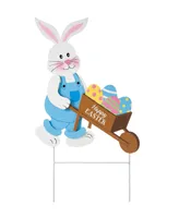 Glitzhome Wooden Easter Bunny Cart Yard Stake or Wall Decor, 30.5"