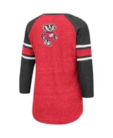 Women's Red and Heathered Charcoal Wisconsin Badgers Scienta Pasadena Raglan 3/4 Sleeve Lace-Up T-shirt