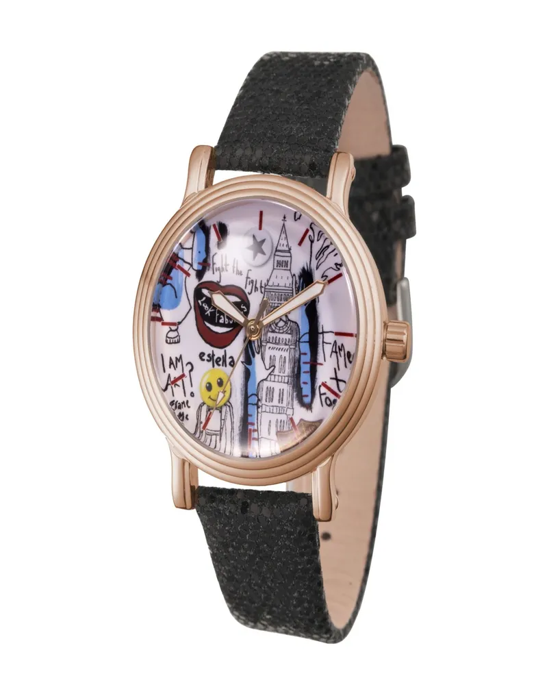 ewatchfactory Women's Disney Cruella Vintage Inspired Black Leather Strap Watch 38mm