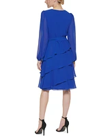 Jessica Howard Petite Blouson-Sleeve Tiered Chiffon Fit & Flare Dress