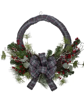 24" Plaid Artificial Christmas Wreath with Berries