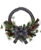 24" Plaid Artificial Christmas Wreath with Berries