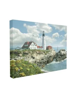 Stupell Industries Portland Head Lighthouse Scene Grassy Ocean Side Peninsula With Sail Boat Stretched Canvas Wall Art Collection By Alan Giana Company