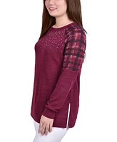 Women's Long Sleeve Knit Top with Print Shoulder Insets