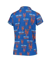 Women's Royal New York Mets Zest Allover Print Button-Up Shirt and Shorts Sleep Set