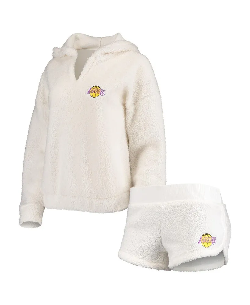 Women's Cream Los Angeles Lakers Fluffy Long Sleeve Hoodie Top and Shorts Sleep Set