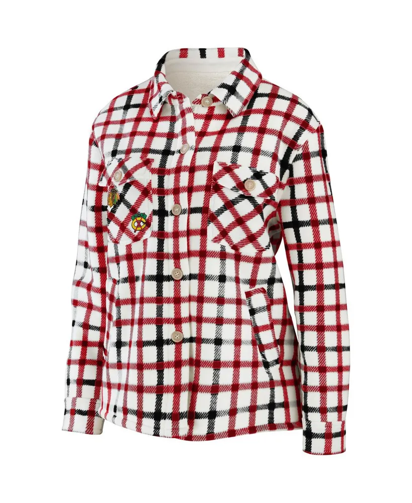 Women's Wear by Erin Andrews Oatmeal Chicago Blackhawks Plaid Button-Up Shirt Jacket